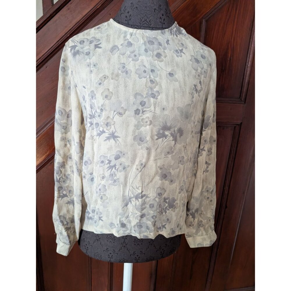 Anne Klein Floral Silk Blouse Womens Size 6 Beige & Gray